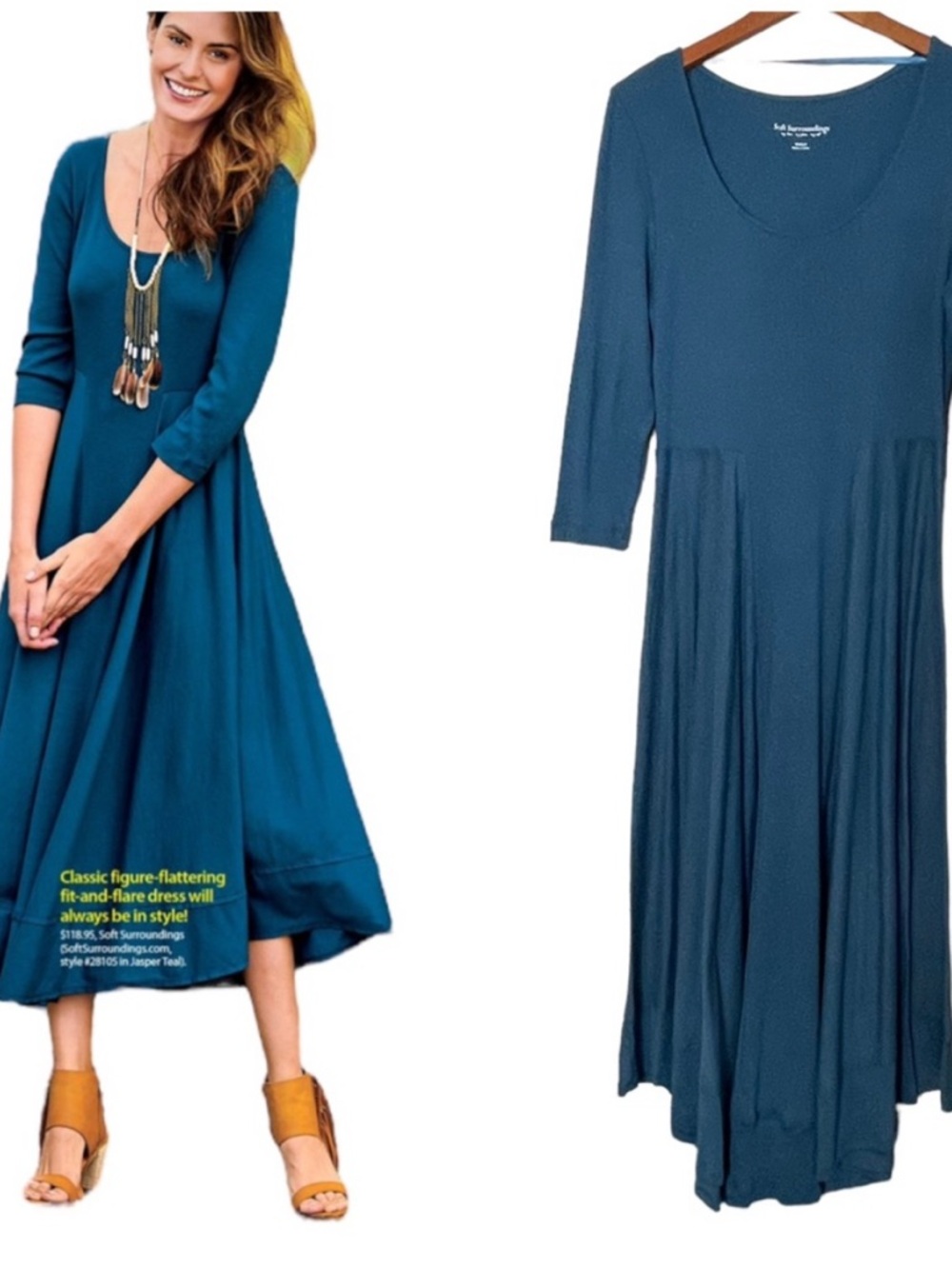 Soft Surroundings Jasper Teal Fit-and-Flare Midi Dress, Size Medium